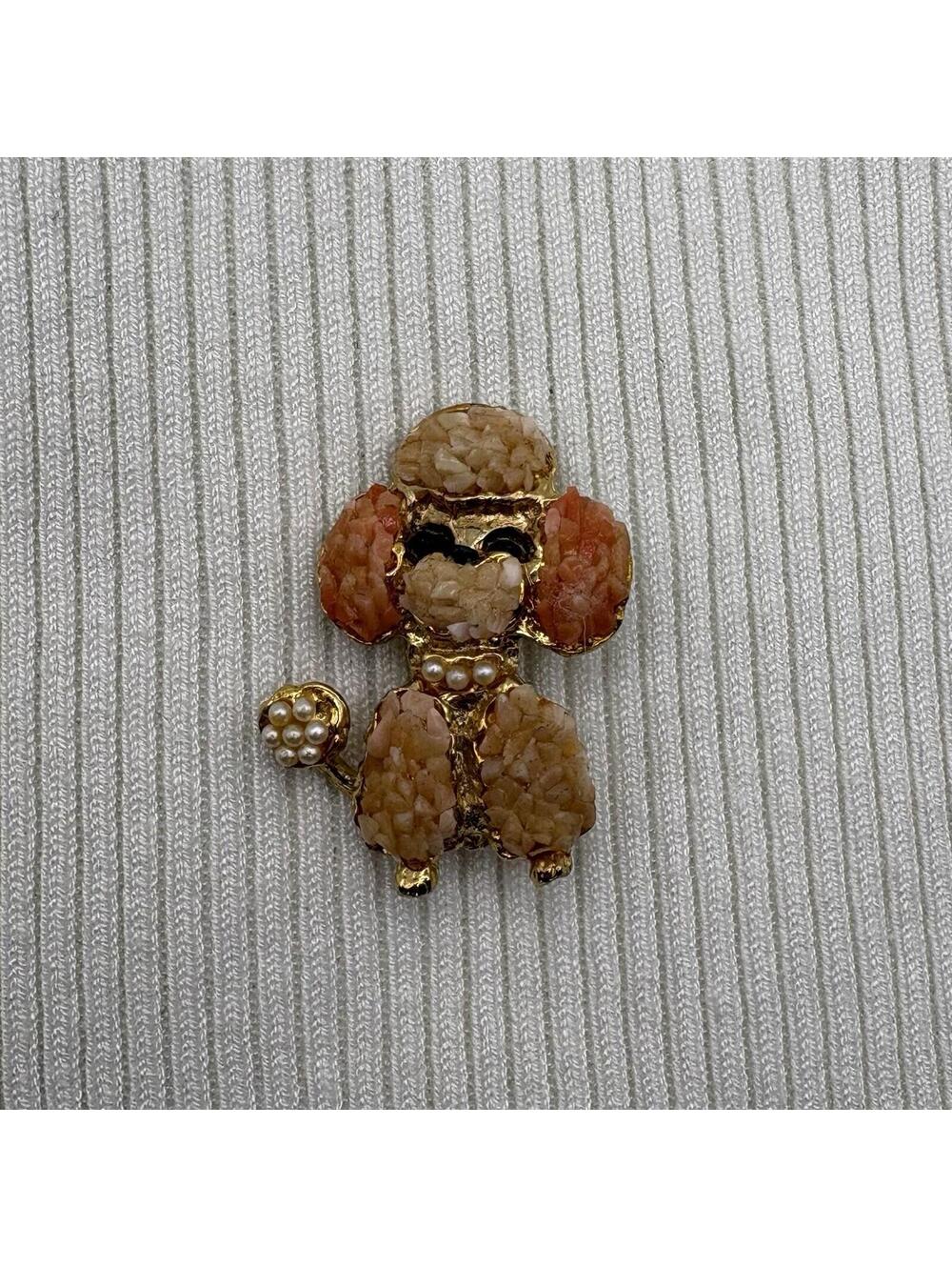 Vintage Poodle Dog Brooch Pin Gold Stones & Faux Pearls